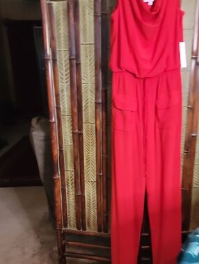 Sleeveless Red Cowl-Neck Jumpsuit with Utility Pockets